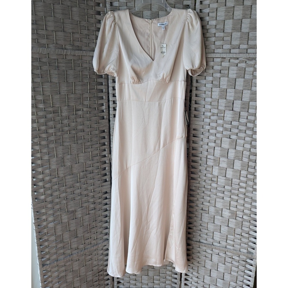 Express Maxi Dress Champagne Puff Sleeve V-Neck Satin Sz S Bias Cut Bridal Chic
